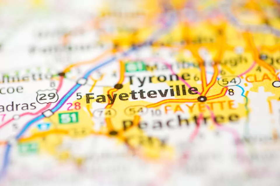 A map with the location fo Fayetteville, Georgia highlighted among surrounding cities and highways.